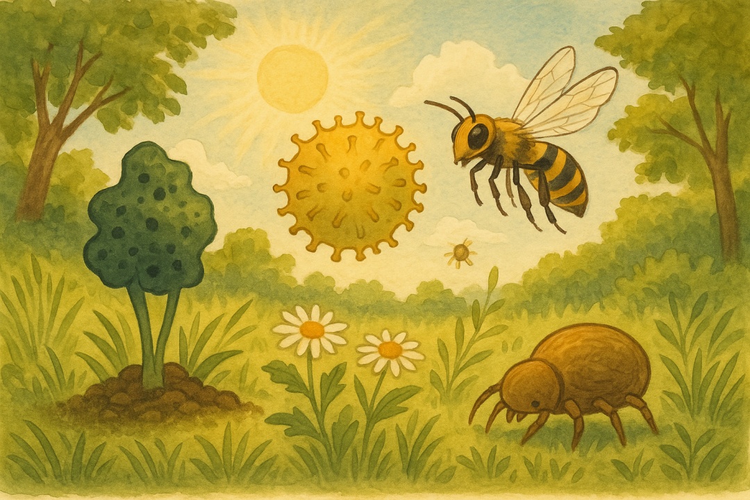 여름철 자연 풍경 속에서 곰팡이, 꽃가루, 벌, 집먼지진드기 등 주요 알레르기 유발 요인이 상징적으로 묘사된 그림, 햇살이 비추는 초록빛 들판과 나무가 배경인 와이드 수채화 스타일 일러스트