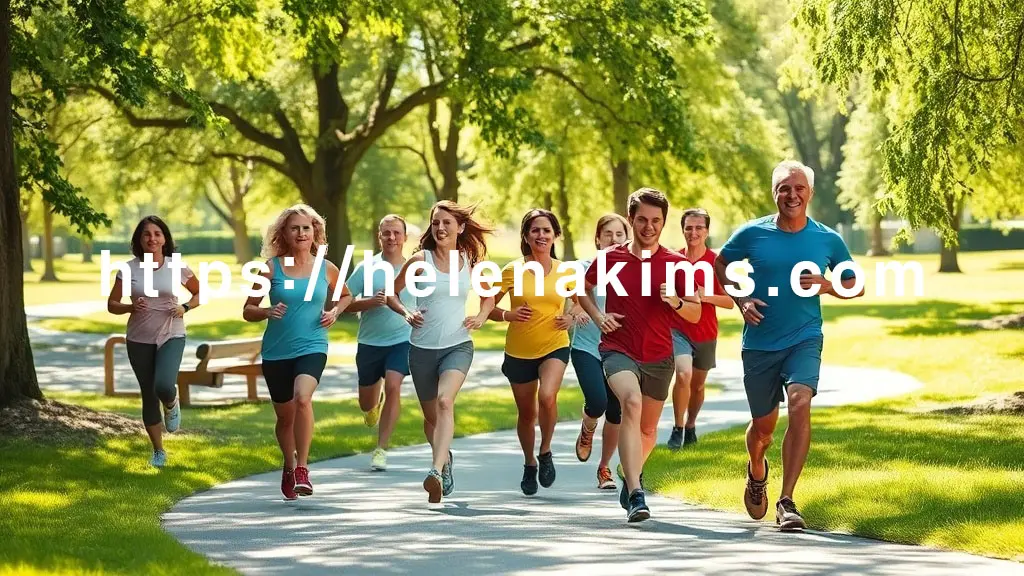 햇살 가득한 공원에서 활기차게 조깅하는 다양한 연령대의 사람들. 푸른 나무와 잔디밭 배경이 상쾌한 에너지를 더합니다. 꾸준한 유산소 운동으로 콜레스테롤을 관리하며 건강한 삶을 영위하는 모습.