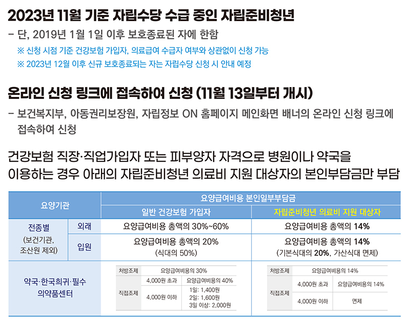 자립준비청년의료비 부담 완화 지원 내용