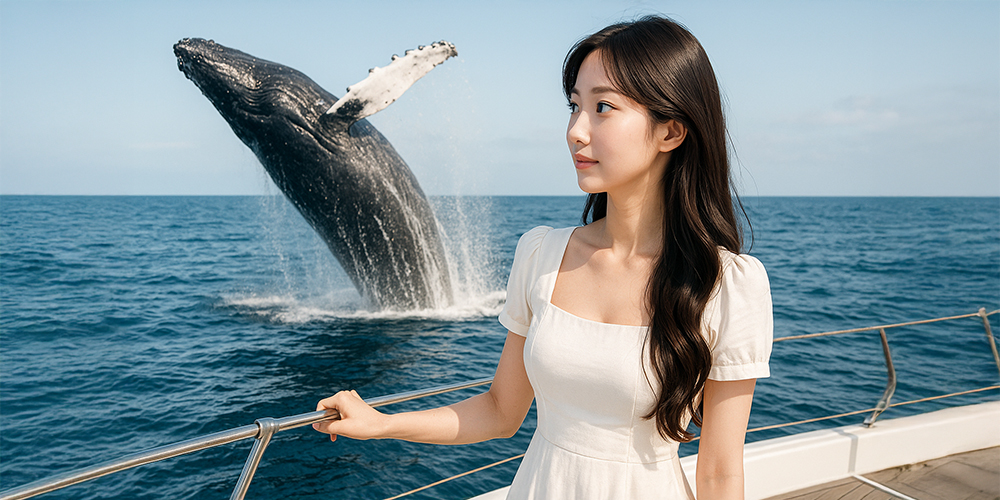 멋지게 뛰어오르는 고래를 보고 있는 사람