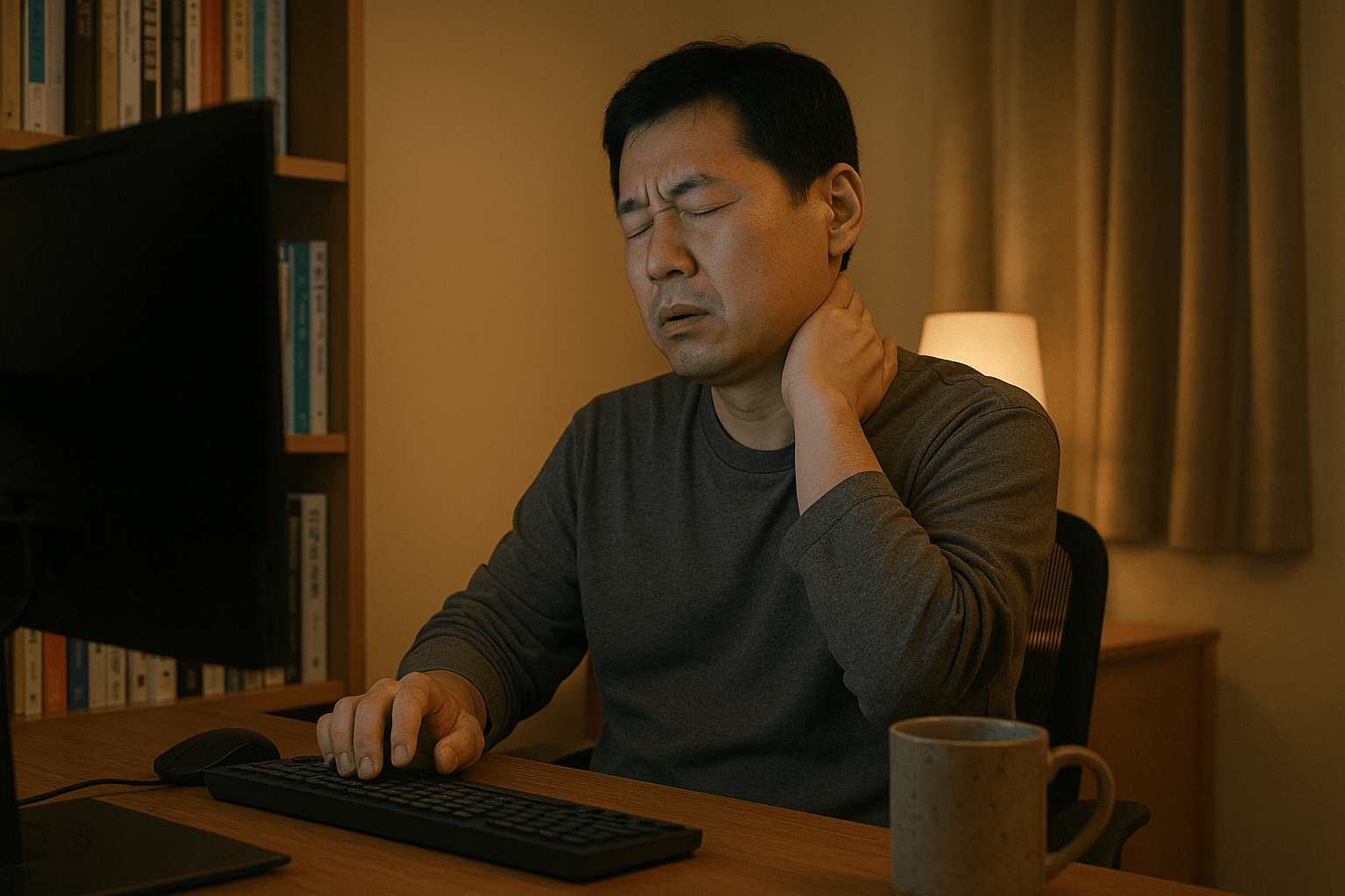 야간 작업 중 목 통증으로 목을 잡고 불편해하는 40대 한국 남성(컴퓨터 앞 자세)