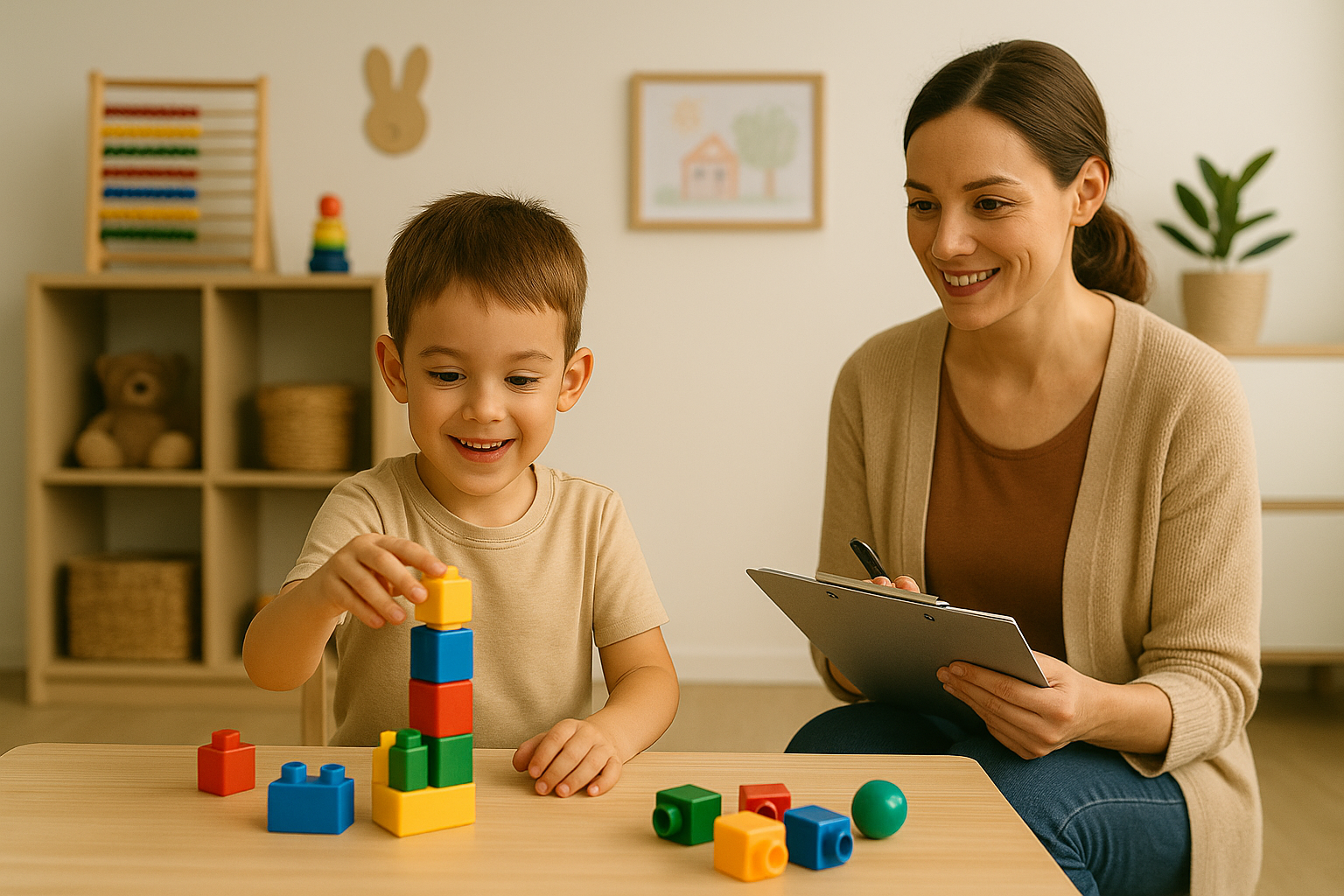 아이가 놀고 있는 모습을 평가자가 체크리스트 작성하고 있는 모습
