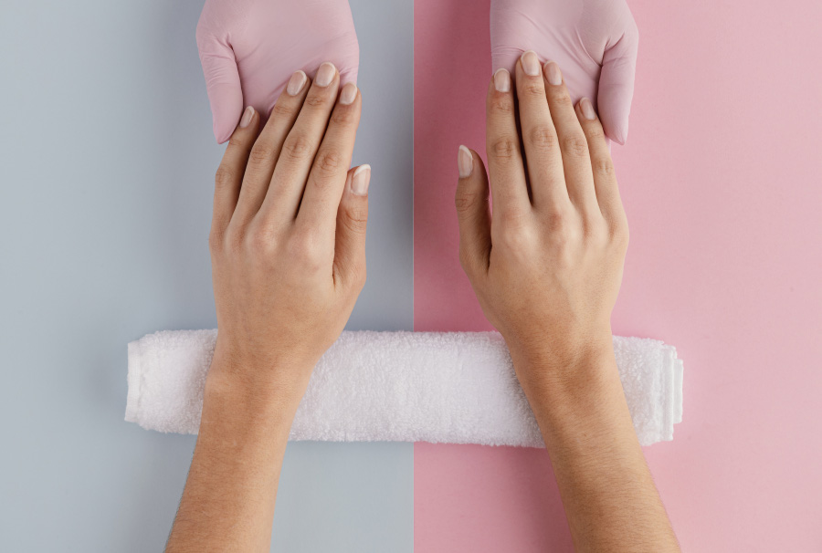 회색과 분홍색이 반반인 바닥 위에 흰색 수건을 돌돌 말아서 놓고 그 위에 양쪽 손을 놓고 분홍색 장갑을 낀 사람이 양쪽 손을 받치고 있는 사진