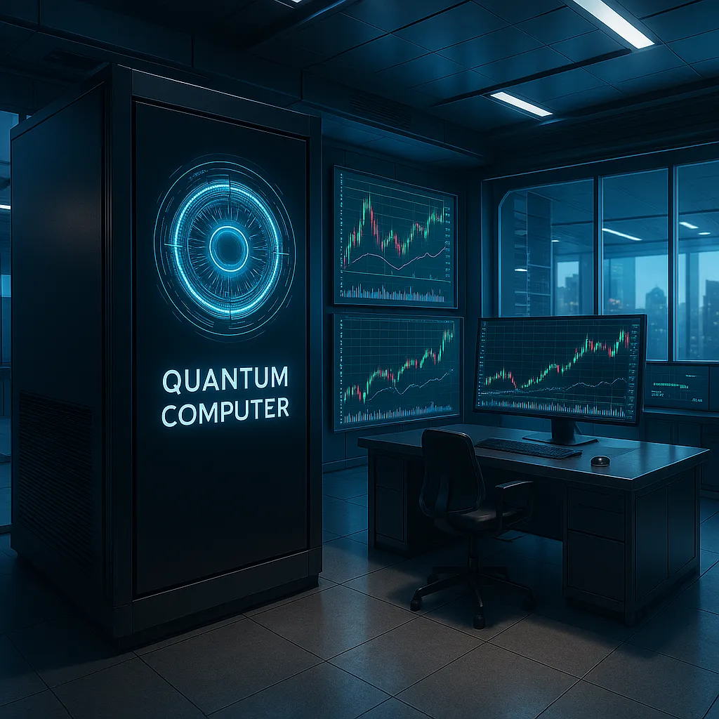 양자컴퓨터와 주식 차트를 분석하는 미래형 연구실
