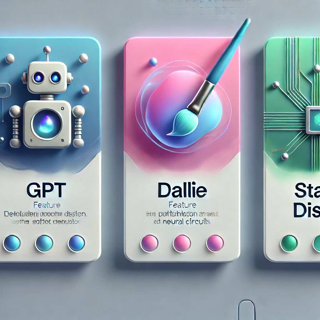 세련되고 미니멀한 스타일의 기술 인포그래픽 이미지. 흰색 또는 아주 연한 배경 위에 세 개의 카드가 수평으로 배치되어 있으며, 각 카드는 부드러운 그림자와 둥근 모서리를 가지고 떠 있는 형태. GPT 카드는 로봇 아이콘과 연한 파란색 배경, DALL·E 카드는 붓 아이콘과 핑크/보라색 톤, Stable Diffusion 카드는 신경 회로 아이콘과 초록/청록색 배경으로 구성되어 있음. 텍스트는 포함되지 않음.