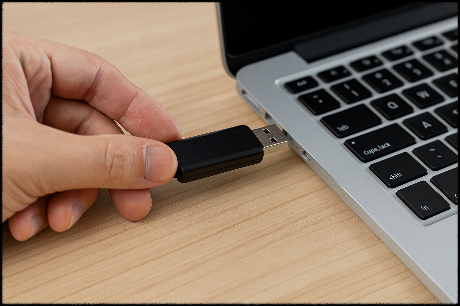 USB 포트에 꽂힌 플래시 드라이브를 확인하는 모습