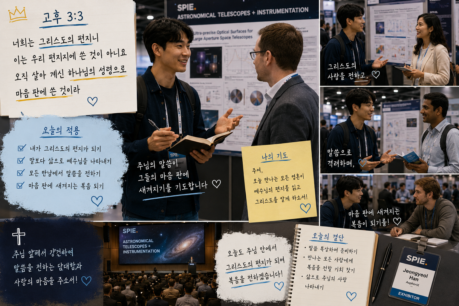 고후 3:3 말씀에서 내가 사람들에게 그리스도께서 작성한 편지처럼 보이는 것이 필요하며&amp;#44; 나아가 그들의 마음판에 새겨질 수 있도록 그리스도의 말씀이 전해지도록 해야 하겠습니다. 오늘도 주님 앞에서 강건하며 그리스도의 편지가 되어 말씀을 전하려는 시도를 국제학술대회장에서 시도하는 모습입니다.