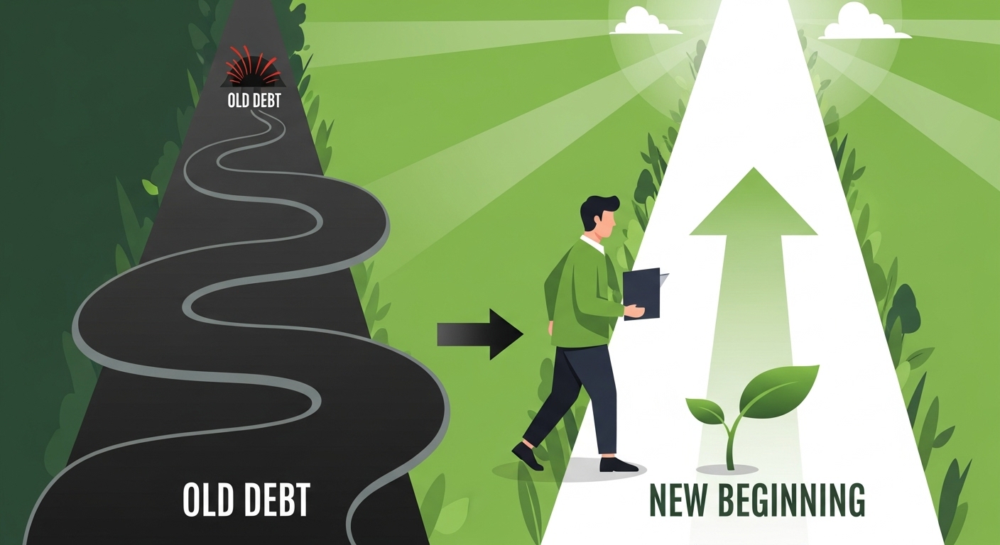 어둡고 구불구불한 빚의 길에서 밝고 새로운 시작의 길로 발걸음을 옮기는 사람의 모습. 새도약 기금으로 인한 삶의 전환점을 상징합니다.