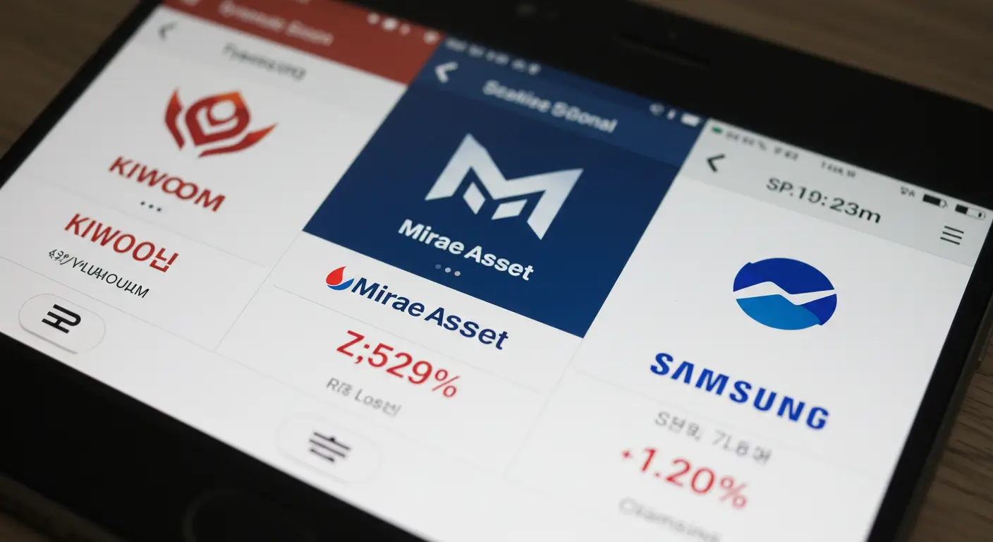 스마트폰 화면에 키움증권, 미래에셋증권, 삼성증권을 상징하는 로고와 주가 정보가 비교되고 있는 모습