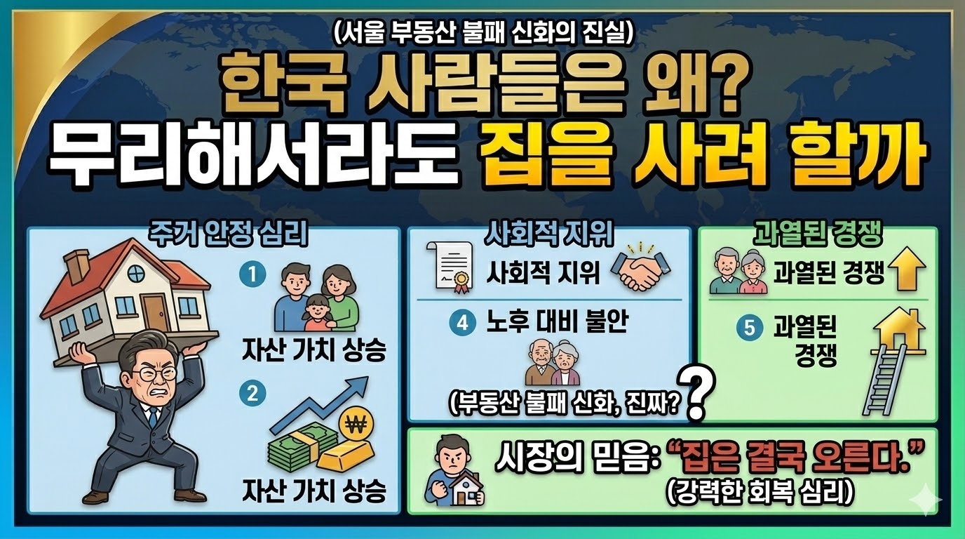한국 사람들은 왜 무리해서 집을 사려 할까 썸네일. 코믹하게 무거운 집을 들어 올리려 애쓰는 한국인과 대형 질문 텍스트 조합