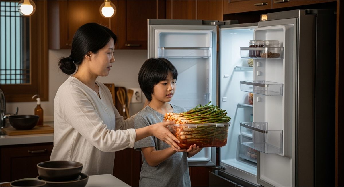파김치 용기를 냉장고에 넣는 한국 가정의 장면 