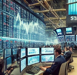 커다란 모니터와 그곳에서 일하는 사람들의 모습