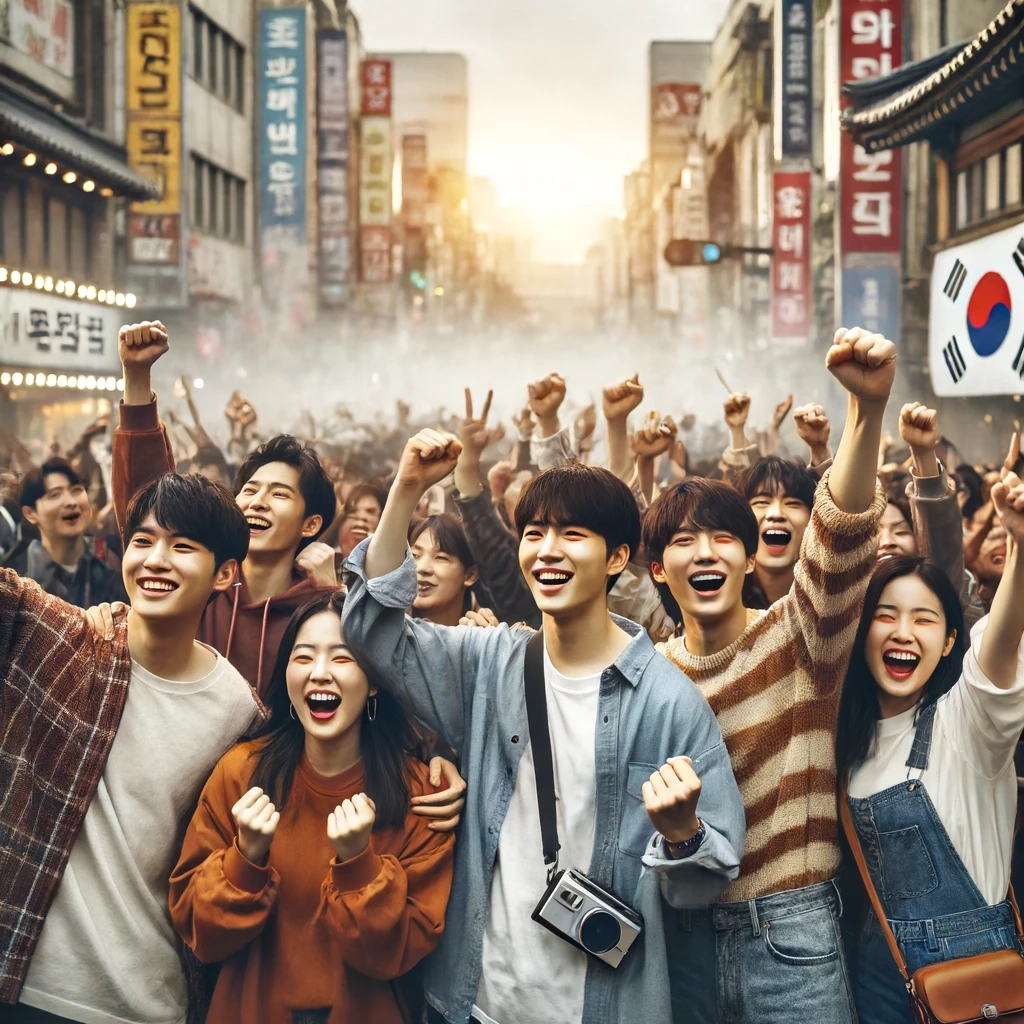 청년들이 길거리에 모여 기뻐하고 있다.