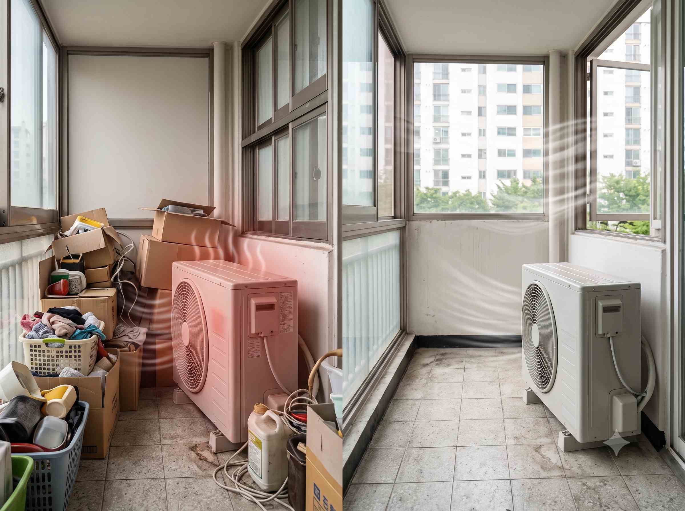 물건에 둘러싸여 과열된 실외기와 통풍이 잘되는 정돈된 실외기를 비교한 장면