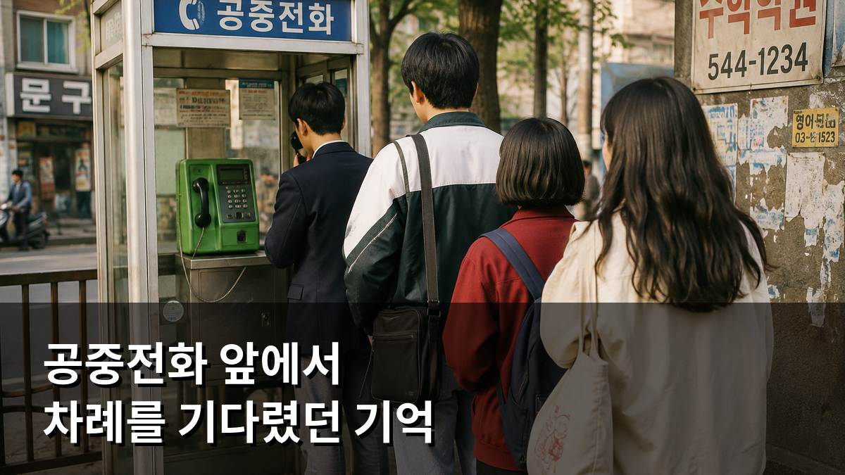 공중전화 부스 앞에서 여러 사람이 차례를 기다리는 모습을 재현한 장면