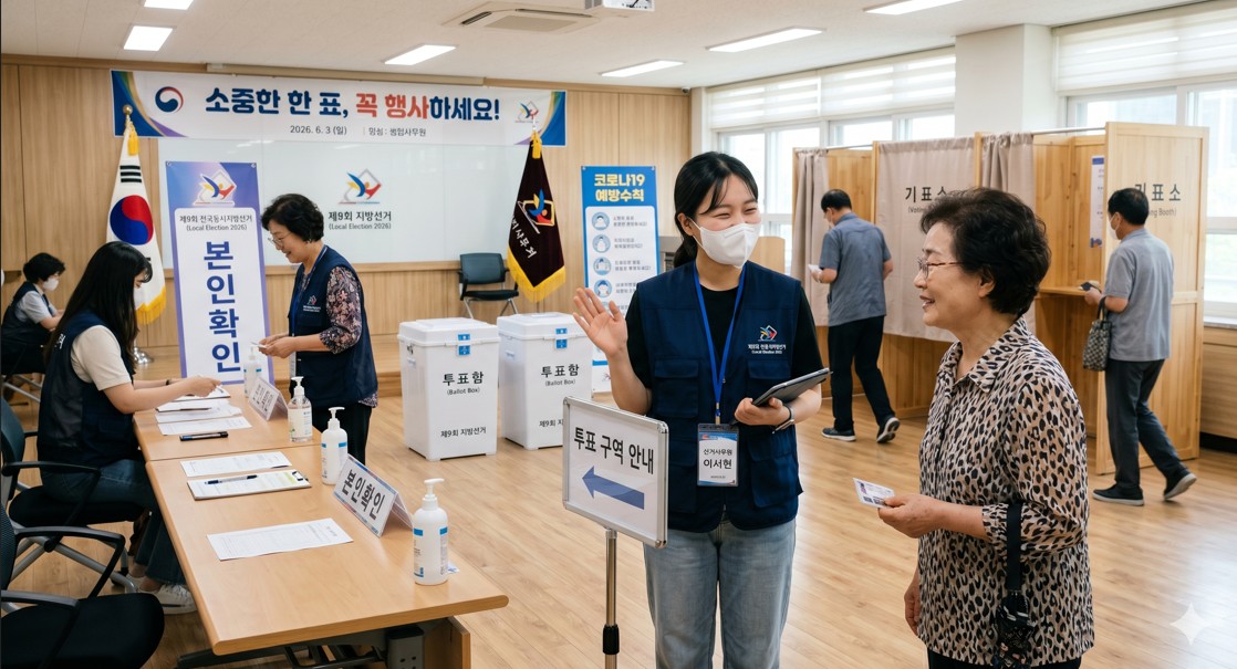 깨끗한 투표소 내부에서 밝게 웃으며 유권자를 안내하는 선거사무원의 모습
