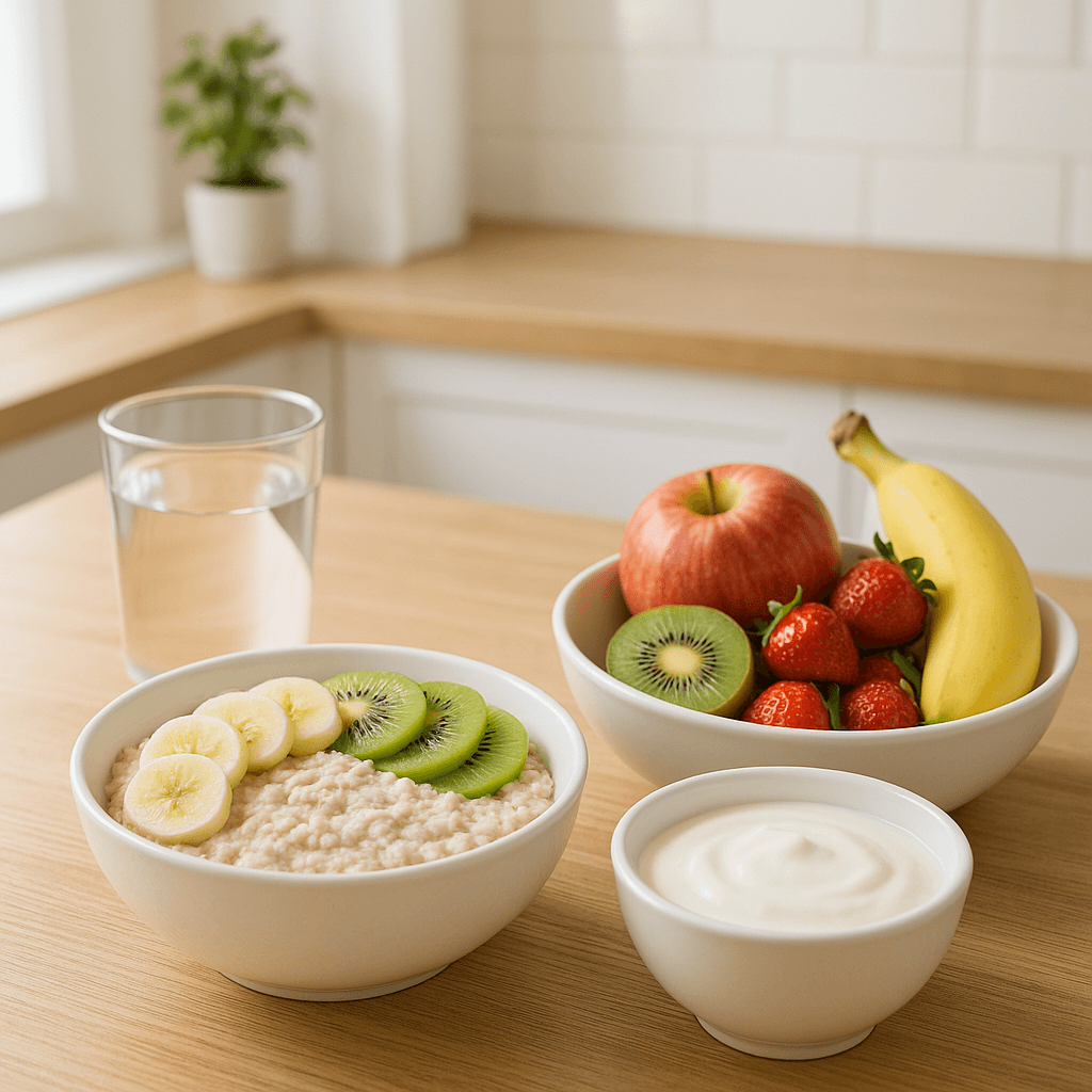 식탁 위에 아침 식사로 준비된 오트밀, 과일, 요거트, 물잔이 함께 놓인 밝은 주방 배경 이미지(출처**자체제작)