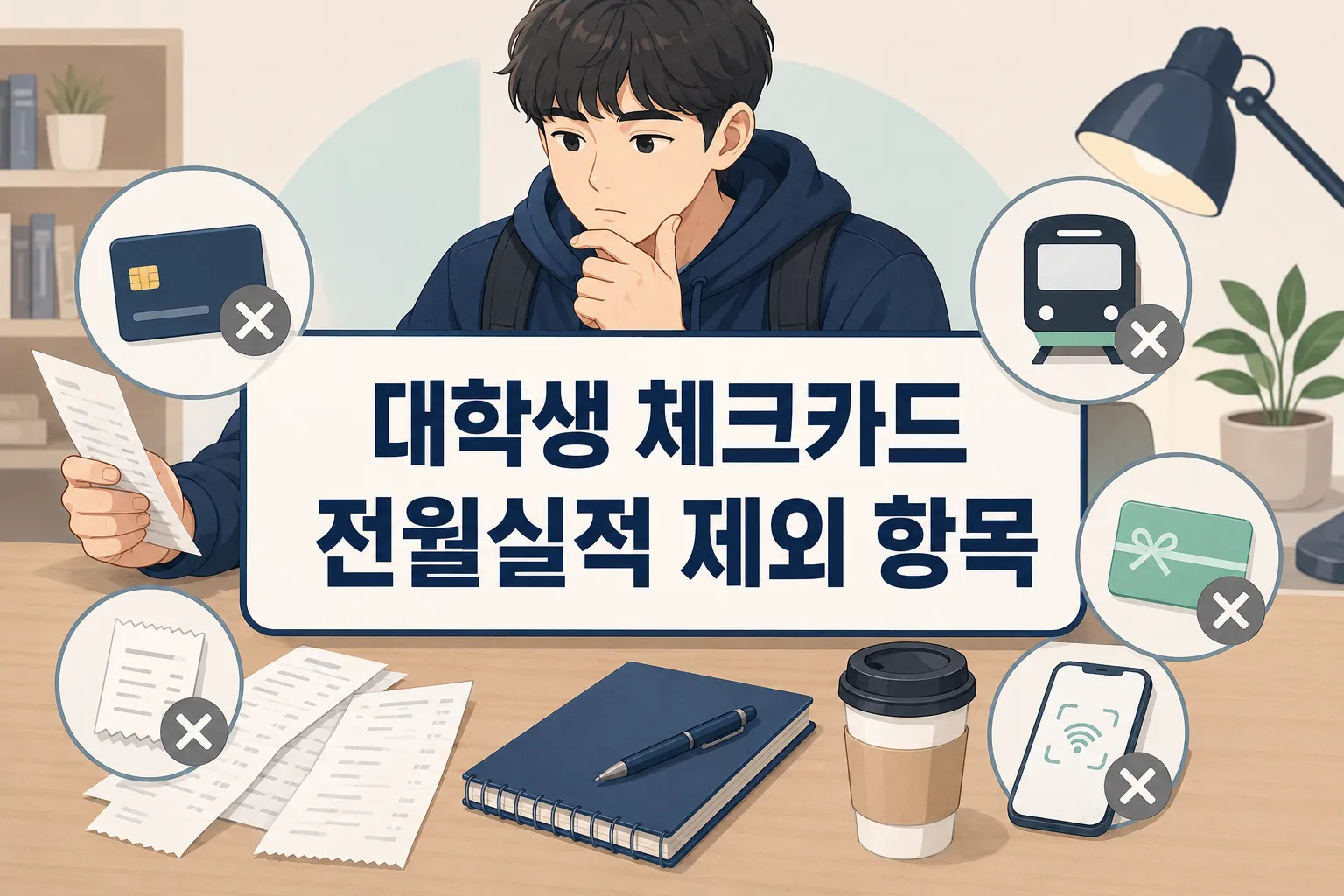 대학생 체크카드 전월실적 제외 항목을 확인할 때 교통비, 상품권, 간편결제처럼 혜택 실적에서 빠질 수 있는 지출을 먼저 구분하도록 보여주는 썸네일 이미지