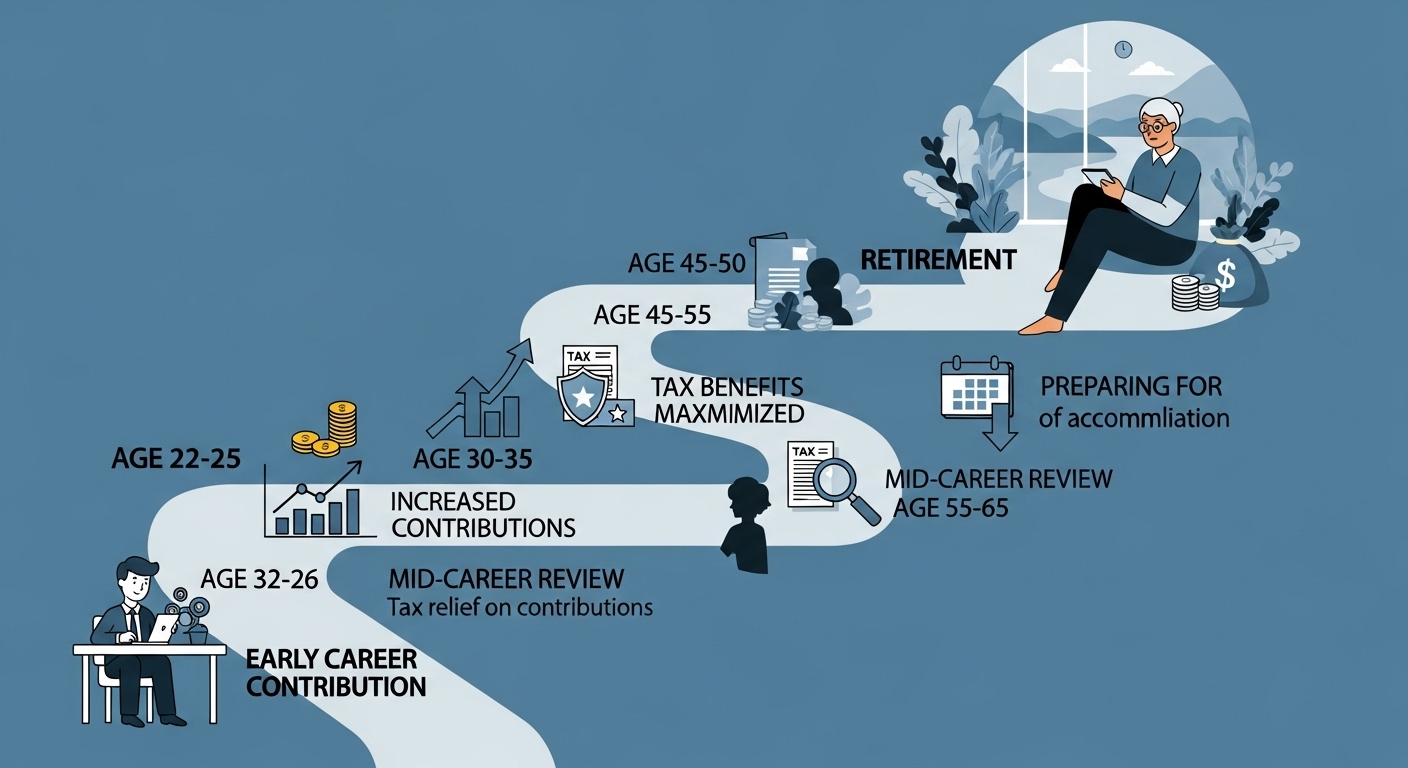 개인연금 납입 시 세금 혜택과 연금 수령 방법을 보여주는 깔끔한 인포그래픽. 노후 자금 마련 과정을 시각적으로 설명합니다.