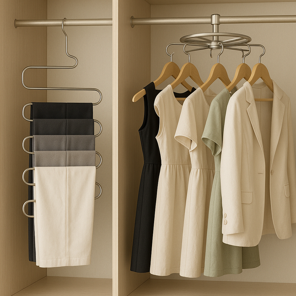 다단 옷걸이와 회전형 옷걸이를 활용한 정리