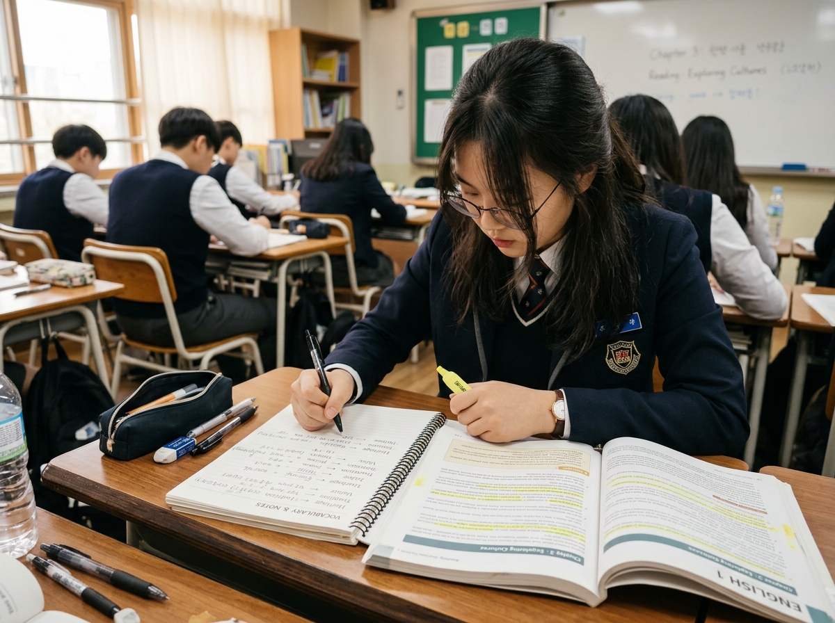 고등학생이 영어 교재를 읽으며 중요한 문법과 어휘에 밑줄을 긋고 필기하는 학습 모습