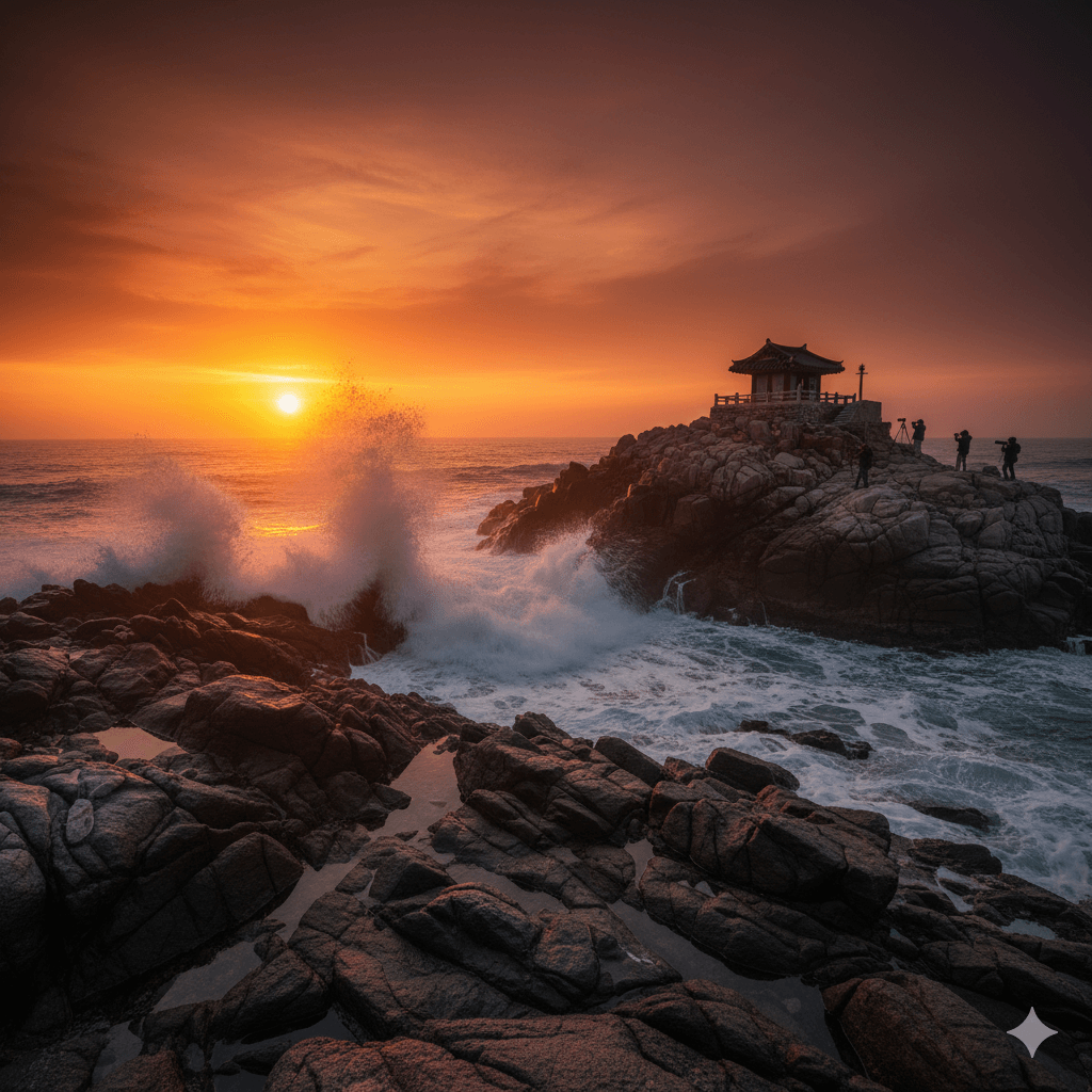 거친 파도가 기암괴석에 부딪치는 모습과 함께 떠오르는 태양