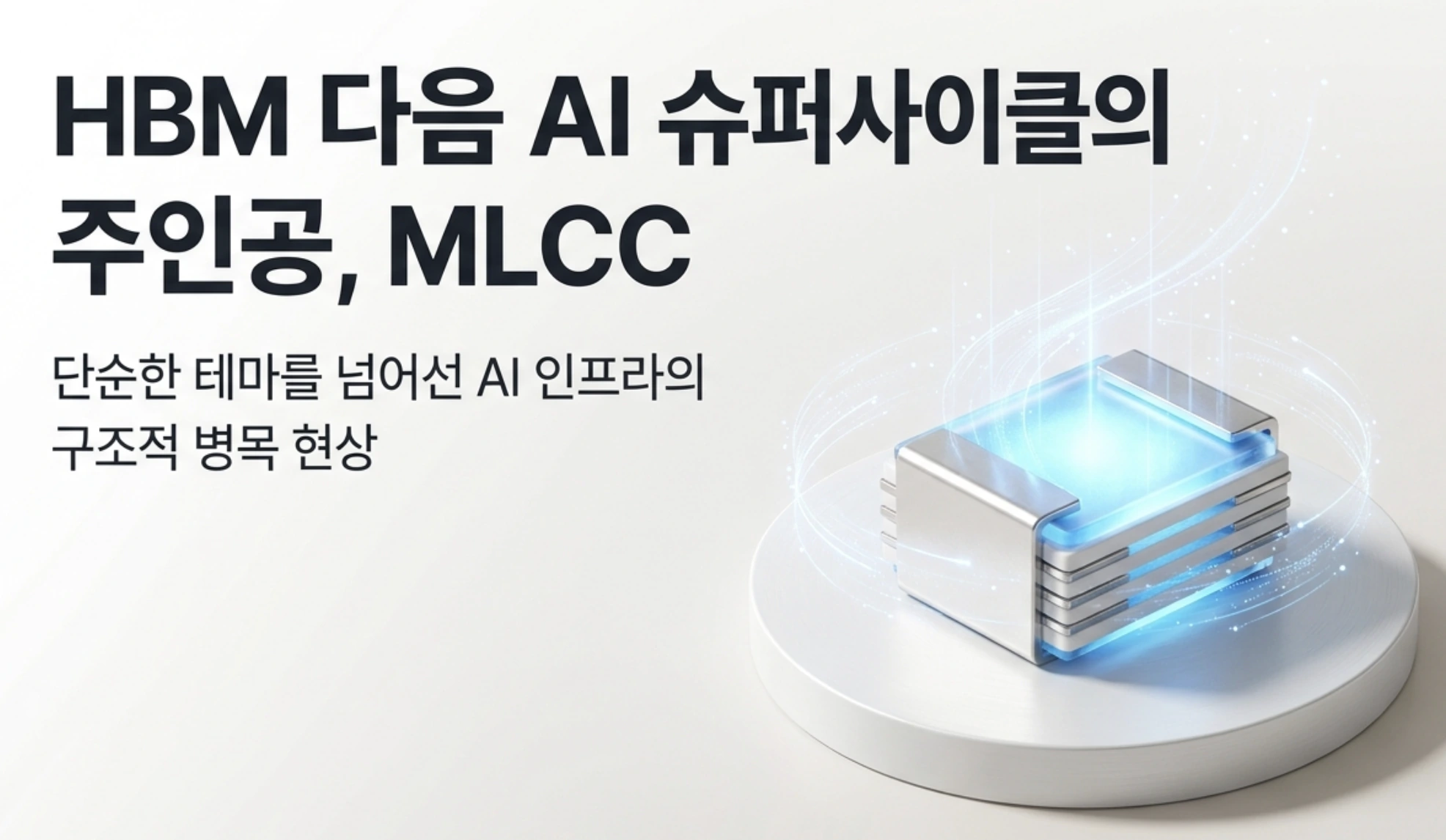 MLCC 관련주: HBM 다음 AI 슈퍼사이클의 주인공으로 떠오른 MLCC를 형상화한 대표 이미지. 적층세라믹커패시터가 푸른빛으로 빛나는 인포그래픽으로 'HBM 다음 AI 슈퍼사이클의 주인공, MLCC'와 '단순한 테마를 넘어선 AI 인프라의 구조적 병목 현상'이라는 문구가 포함되어 있다. 이 이미지는 삼성전기 4540억 빅테크 수주를 계기로 부각된 MLCC 관련주와 대장주, 공급부족&middot;판가인상 구조를 시각적으로 전달하며 블로그의 MLCC 슈퍼사이클 주제와 관련된 내용을 설명한다