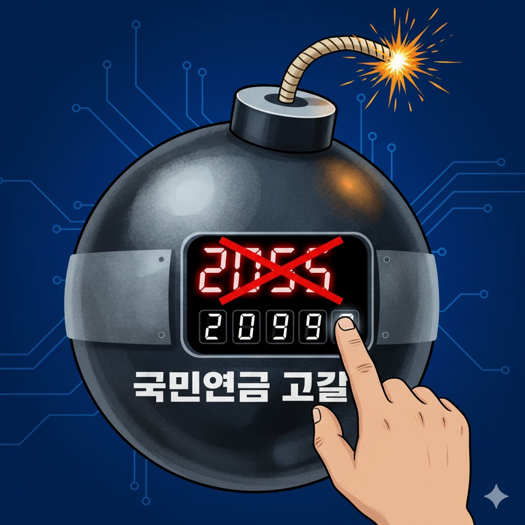 '2055년'이 적힌 시한폭탄의 타이머가 '2090년'으로 다시 맞춰지는(연장되는) 이미지
