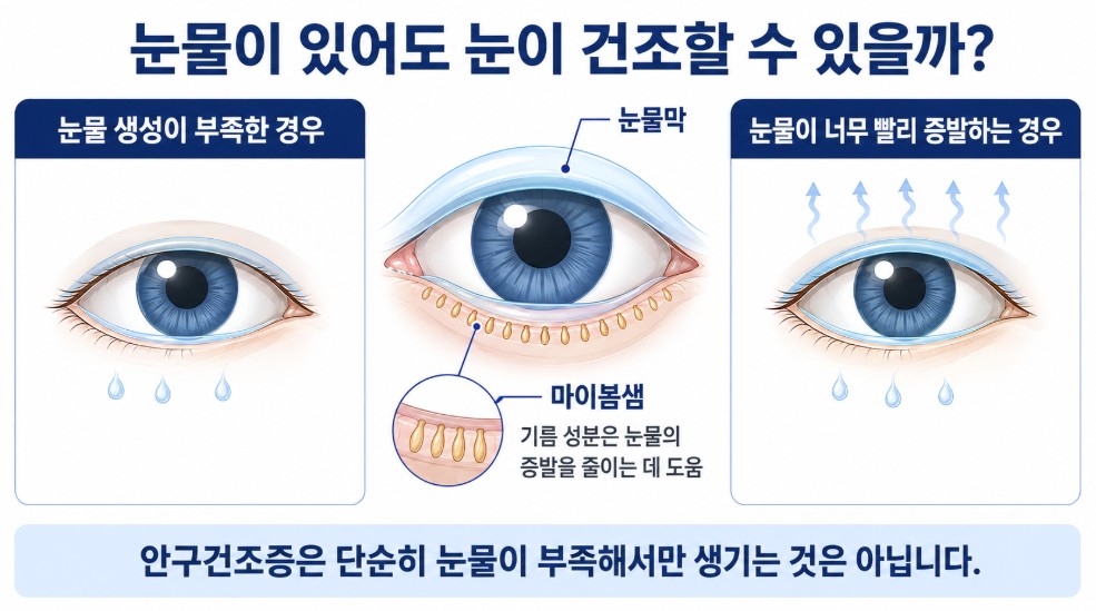 눈물 생성 부족과 눈물의 빠른 증발로 안구건조증이 나타날 수 있는 원리