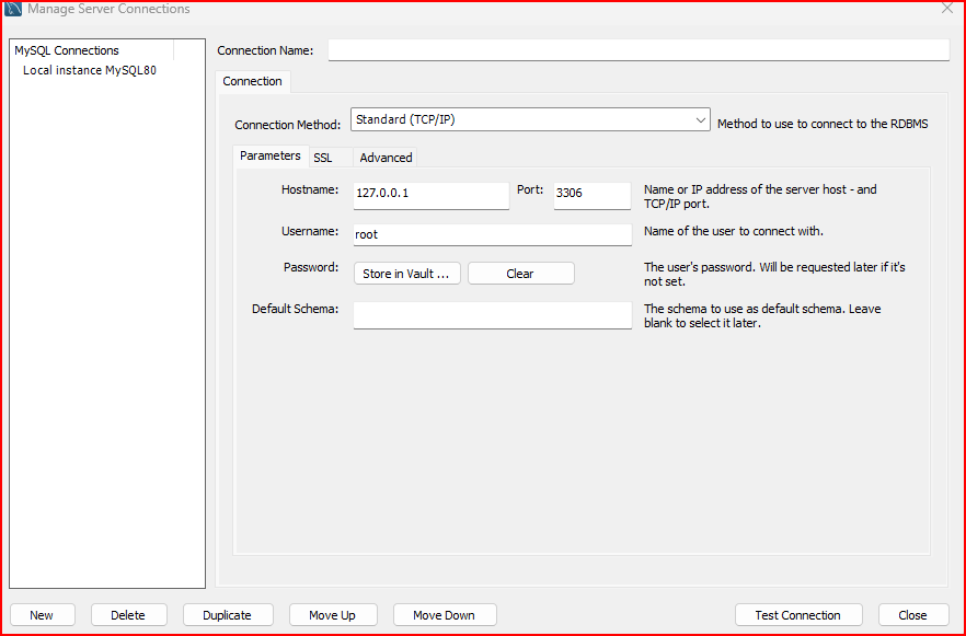 MySQL Workbench Manage Server Connection화면