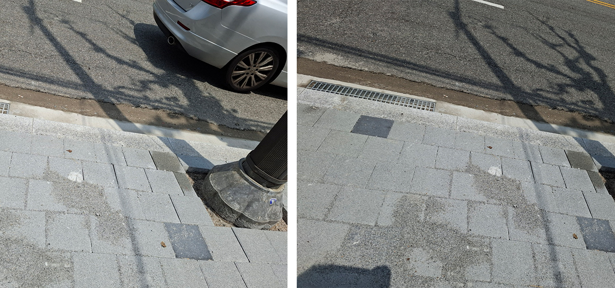 정비중인 도로에 석회가루가 있어 먼지도 많이 날린다