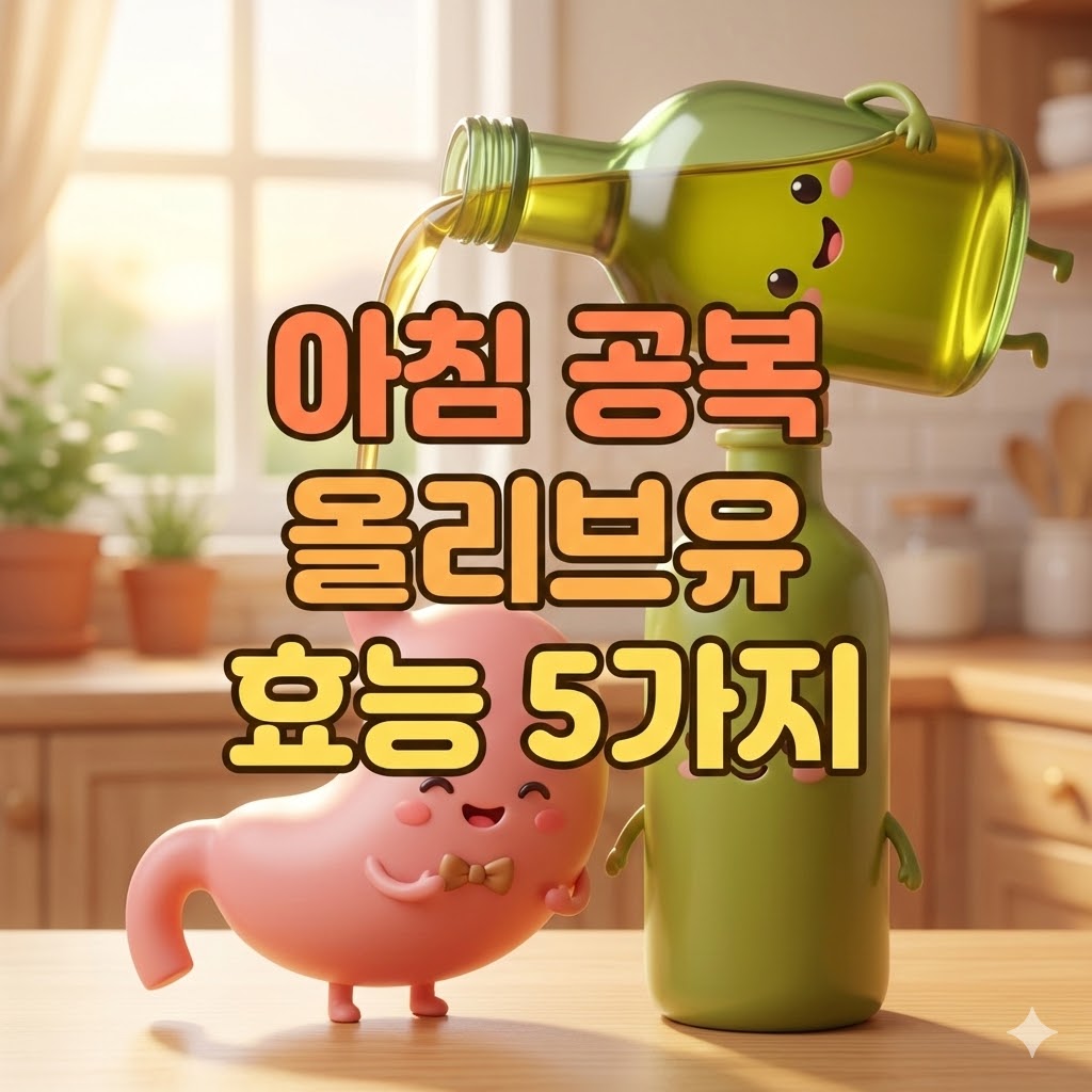 웃는 올리브 병 캐릭터가 건강한 위 캐릭터에게 올리브유를 따르는 귀여운 3D 카툰 일러스트. '아침 공복 올리브유 효능 5가지'라는 한글 텍스트가 강조되어 있습니다.