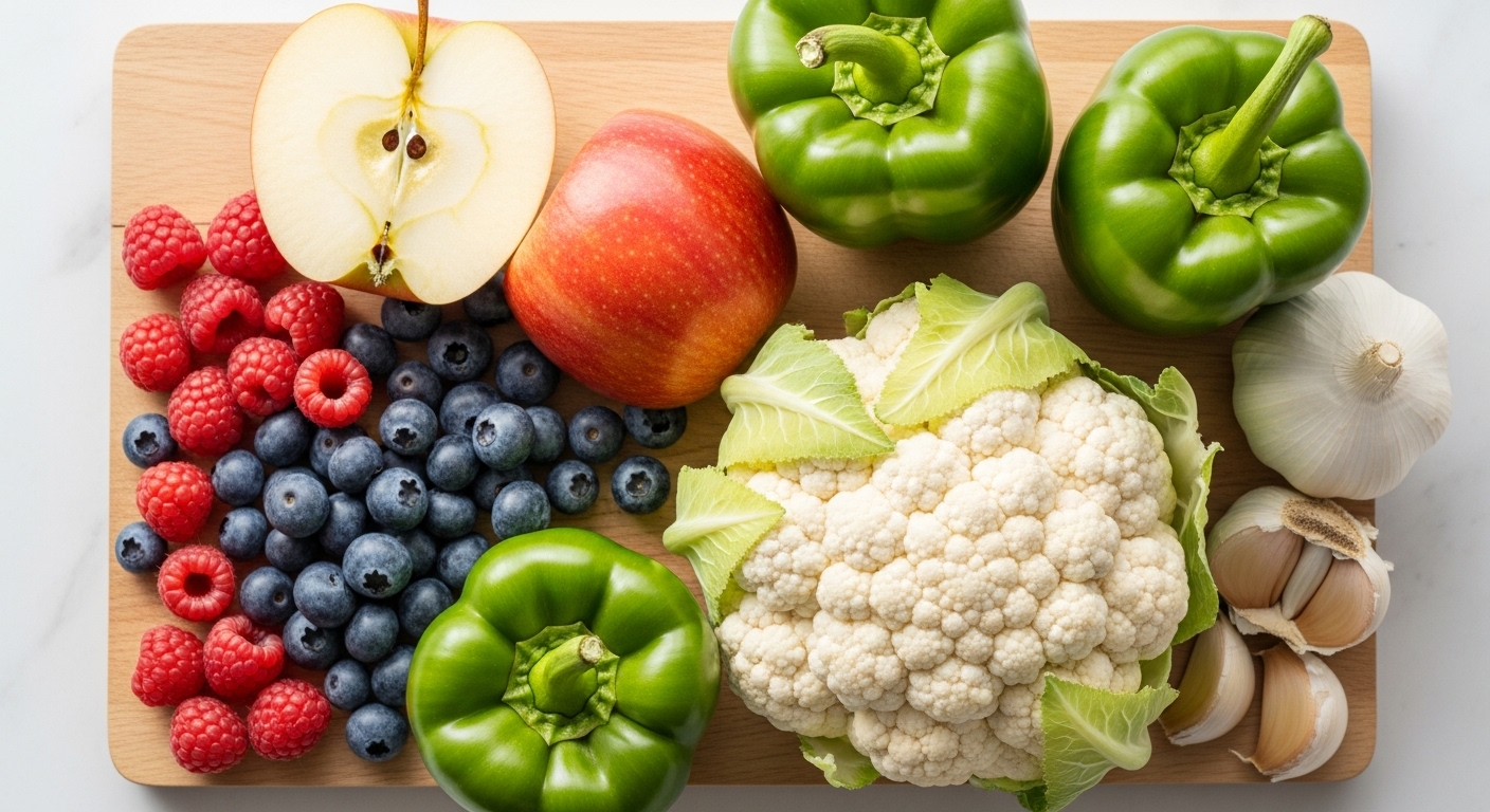 다양한 색깔의 신선한 베리류, 사과, 콜리플라워, 피망, 마늘 등 신장 건강에 좋은 과일과 채소들이 정갈하게 놓여있는 모습