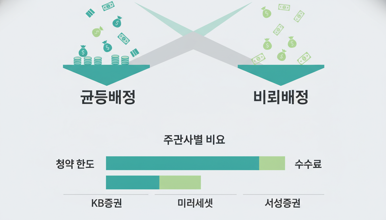 균등배정과 비례배정의 차이를 설명하고 주관사별 청약 조건을 비교하는 도표.