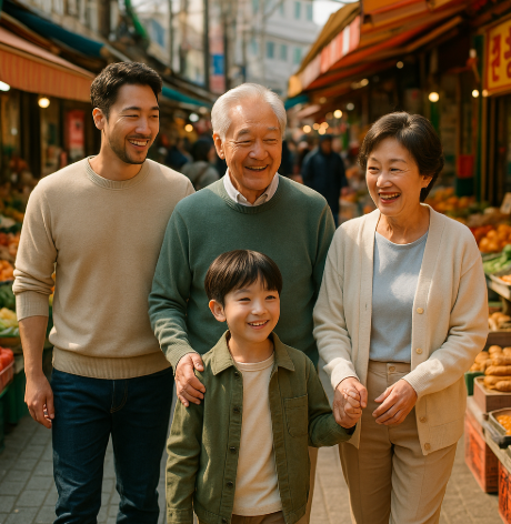 3대가 모여 전통시장에서 여러 물건들을 보며 즐거워하는 모습