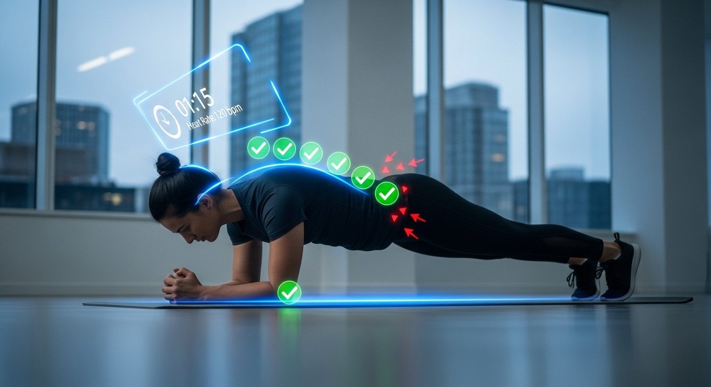 AI가 실시간으로 운동 자세를 분석하고 피드백을 제공하며 플랭크를 하는 사람의 모습