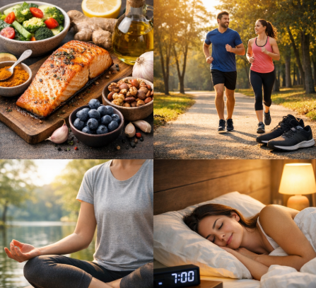 만성 염증 관리를 위해 건강한 음식과 운동을 하는 모습
