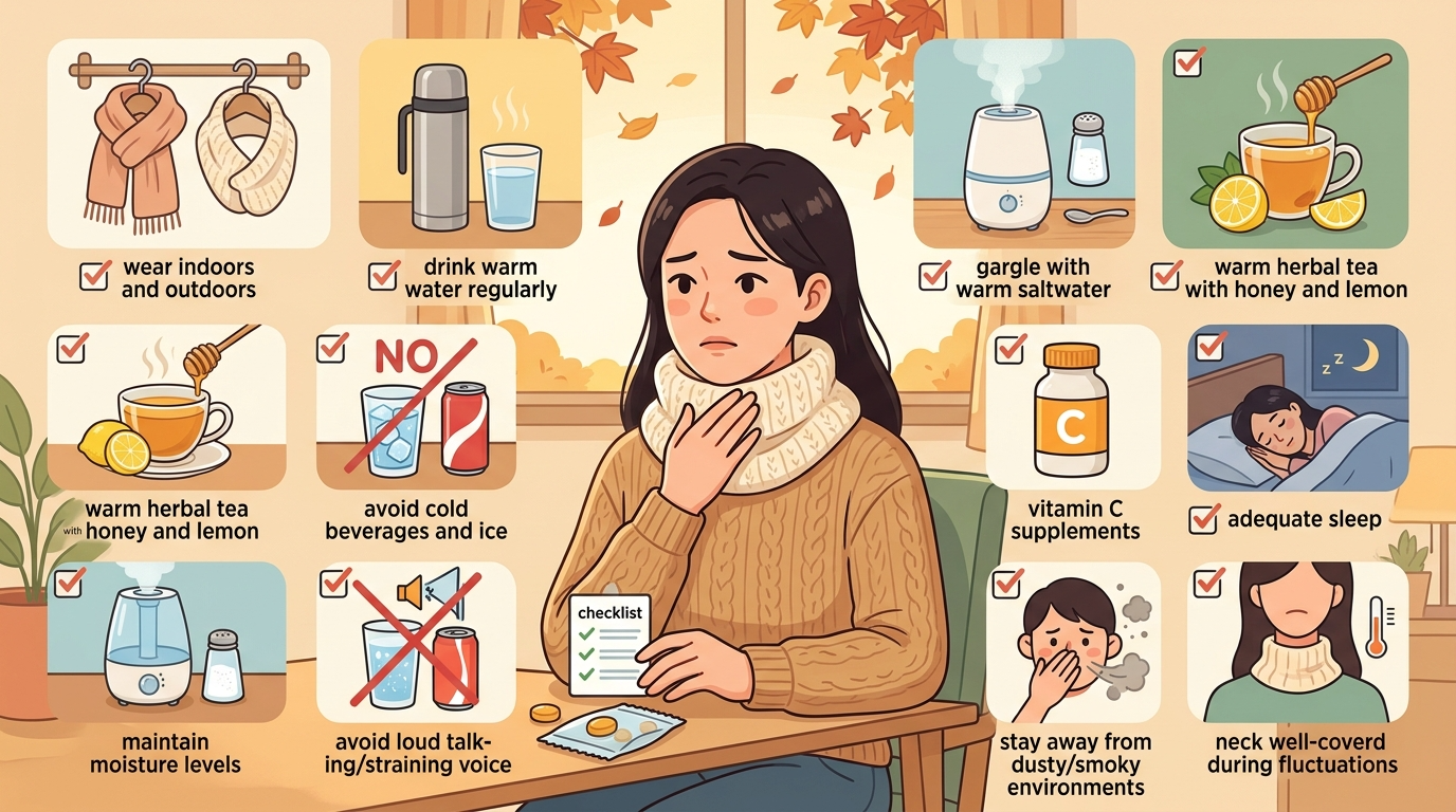 절이 바뀔 때 목부터 불편해지는 사람을 위한 예방 체크리스트를 따뜻하고 배려 깊게 표현한 이미지