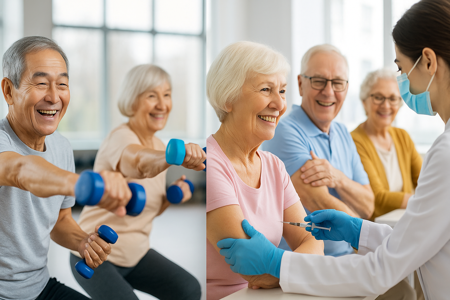 건강관리하는 노년층과 예방접종을 받고 있는 노년층