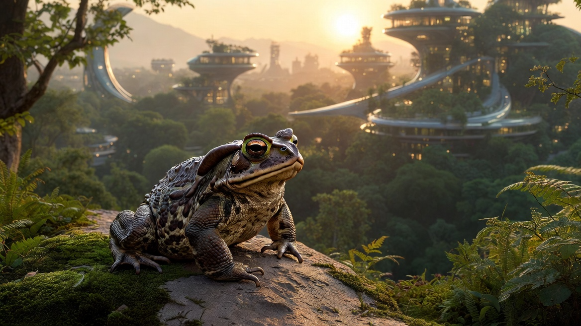 자연과 미래 도시가 조화를 이루는 공간 속 두꺼비의 상징적 모습