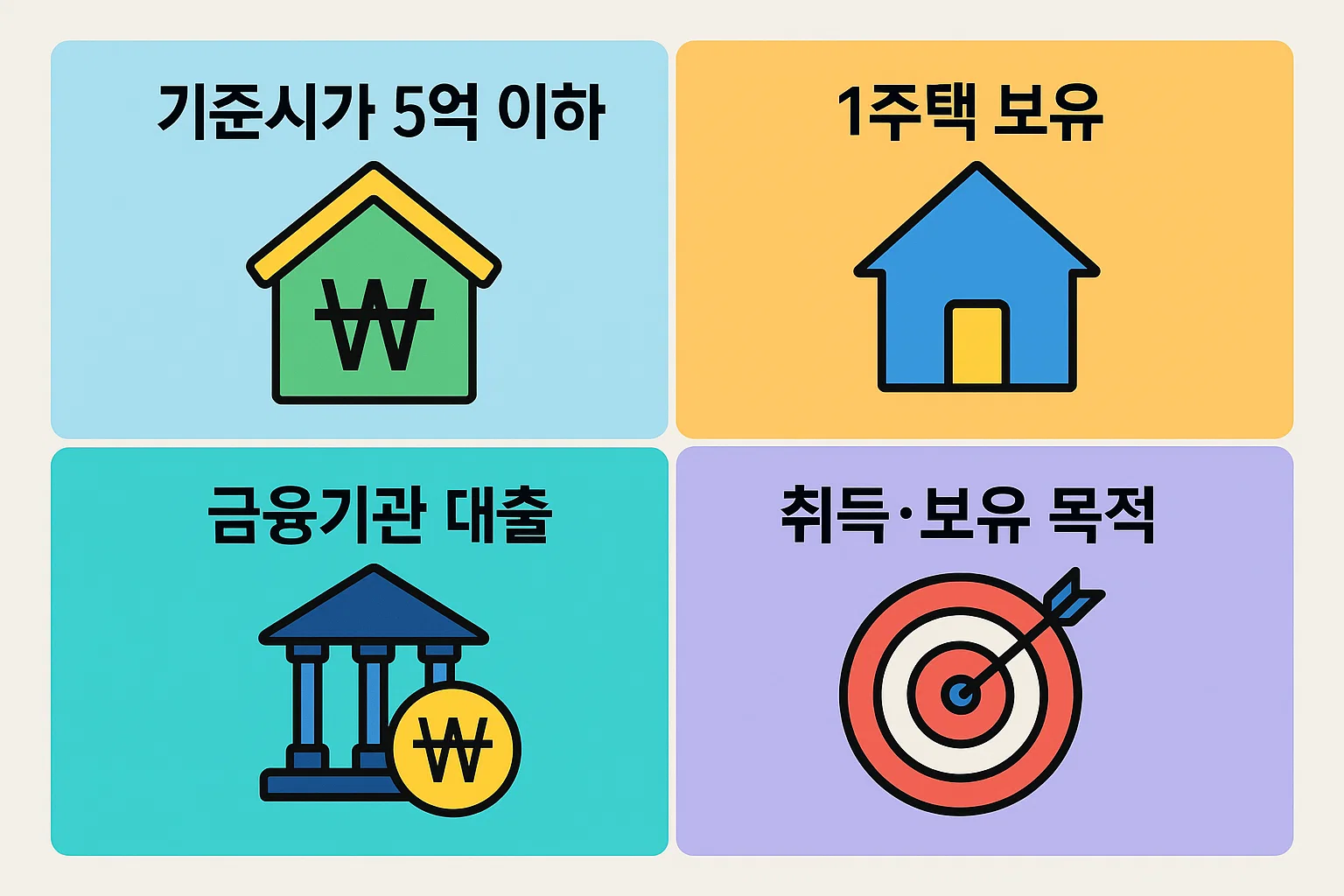 기준시가 5억 이하 주택, 1주택 보유, 금융기관 대출, 취득&middot;보유 목적 등 주택담보대출 이자공제 적용을 위한 필수 요건을 항목별로 정리한 이미지입니다