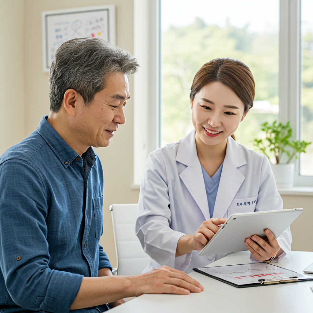 한국인 의사와 상담하며 희망적인 표정을 짓는 건강한 모습의 중년 남성 환자