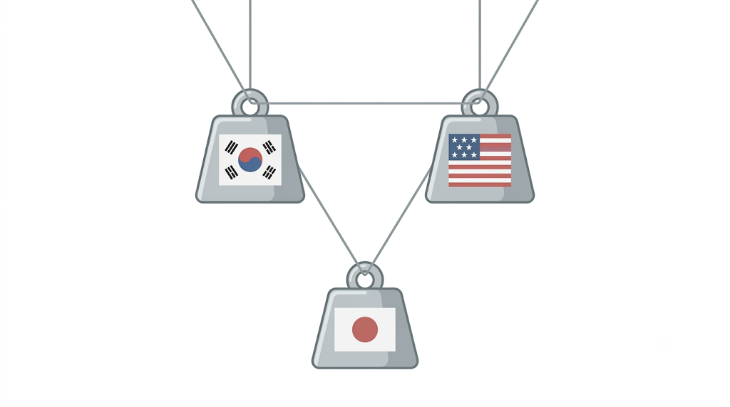 한국·미국·일본 국기가 그려진 세 개의 저울추가 서로 줄로 연결돼 팽팽한 삼각형을 이루는 일러스트