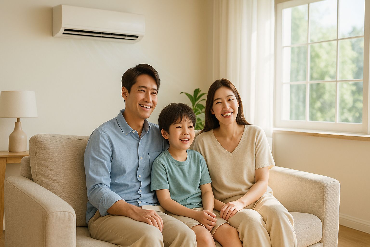 여름철 시원한 거실에서 에어컨을 켜고 소파에 앉은 행복한 가족