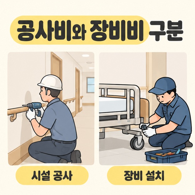 공사비와 장비비 구분 제목 아래 복도 손잡이를 부착하는 시설 공사와 요양용 침대 바퀴를 조립하는 장비 설치 장면