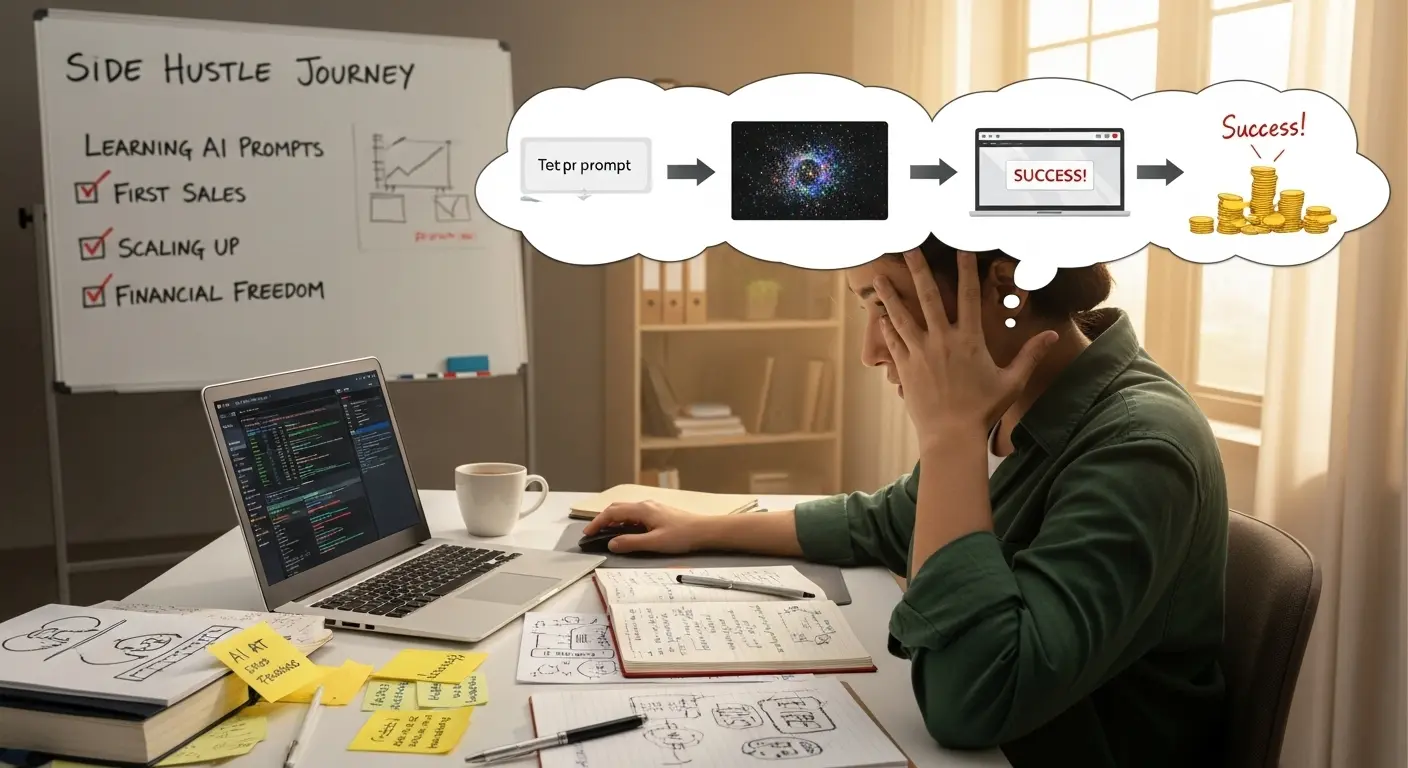 <img src="ai_prompt_supports_side_business_and_self_realization.webp" alt="AI 프롬프트를 활용해 부업을 시작하는 인물과 그 여정을 표현한 이미지 입니다">