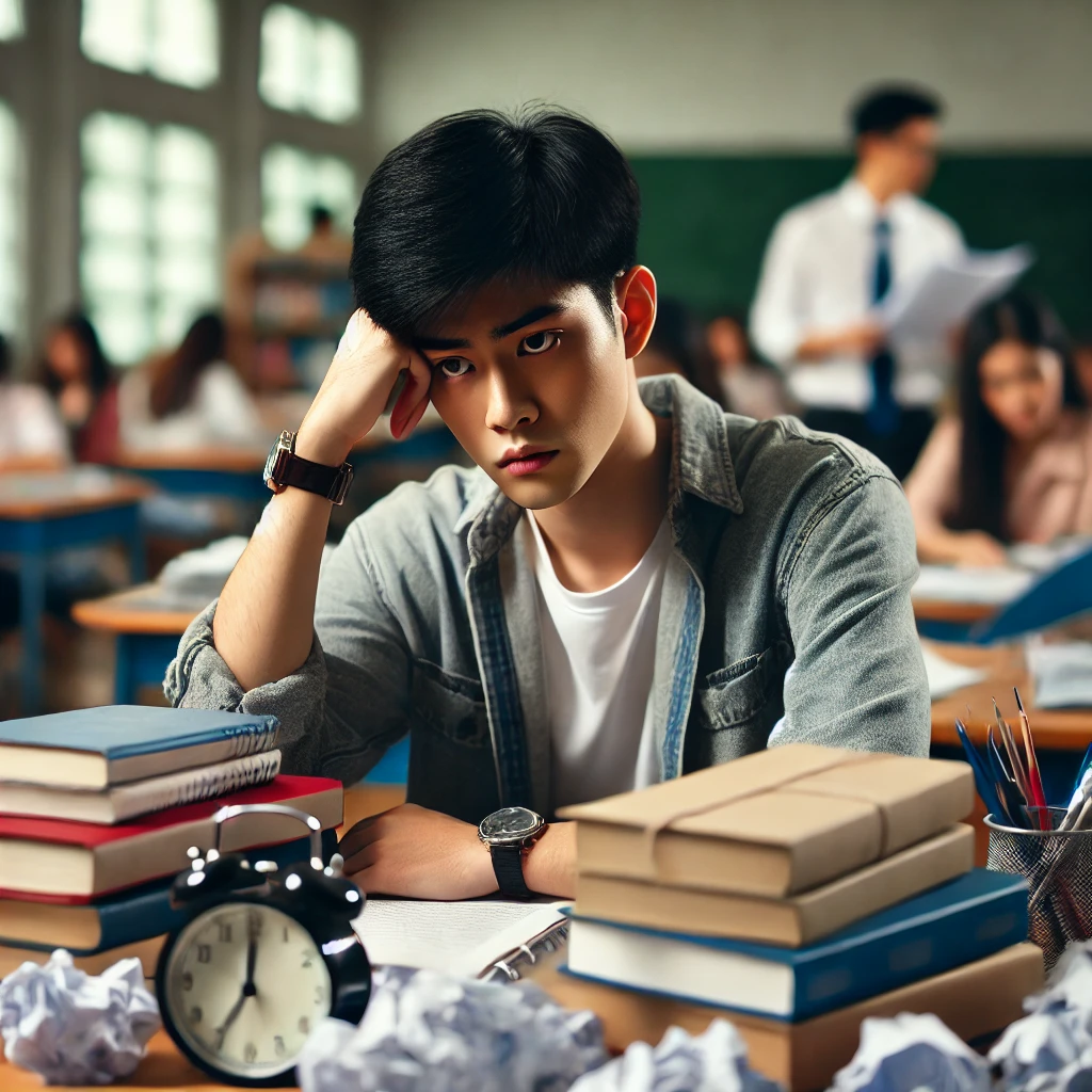 새학기에 공부하기 힘들어하는 학생의 이미지