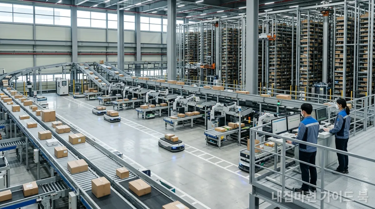한국의 자동화된 대규모 물류센터 내부, 로봇과 작업자들이 효율적으로 움직이는 모습