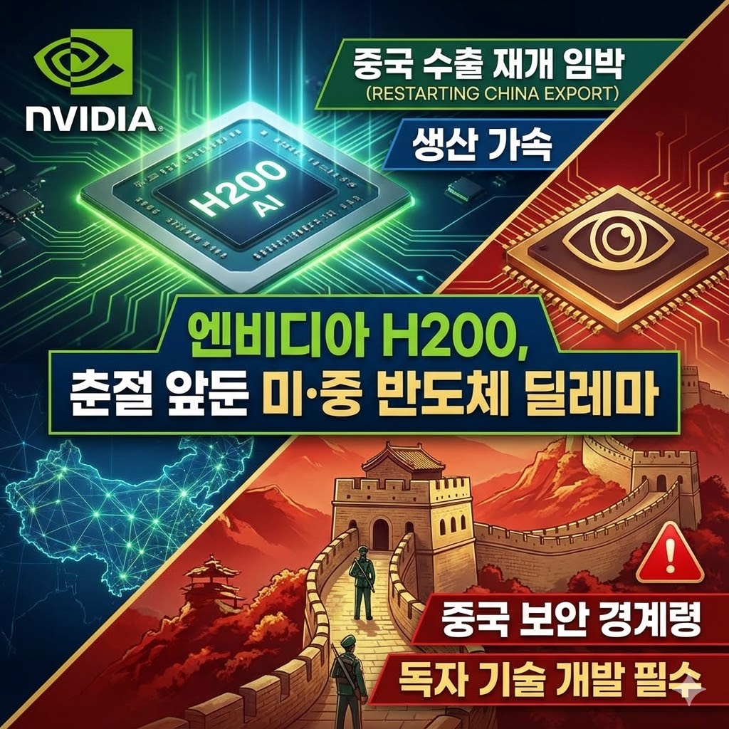 엔비디아의 H200 AI 칩 생산 가속과 중국 수출 재개 목표, 그리고 이에 대한 중국 당국의 보안 경계 태세를 상징적으로 표현한 썸네일 이미지