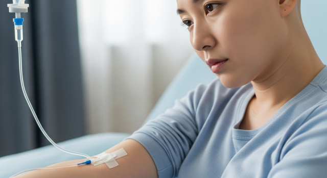 항암치료 중인 여성의 손에 꽂힌 주사 라인